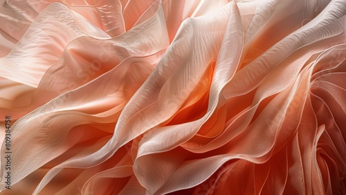 A photorealistic closeup of a rose crafted from flowing silk ribbons The image captures the intricate details of the fabric weave and the subtle variations in color within each pet