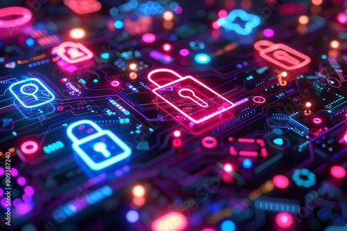 An array of neon glowing data privacy icons on a dark cyber background, featuring keys, locks, and firewalls, modern and high-tech