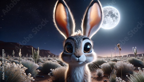 Close-up of an antelope jackrabbit with large, expressive eyes under a bright moonlit sky, depicted in a whimsical, animated style.