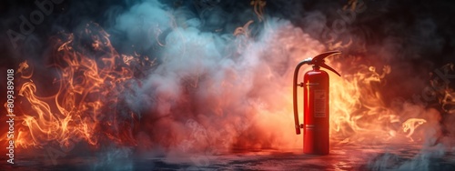 Fire extinguisher with fire and smoke on dark background, stock photo contest winner, high resolution.
