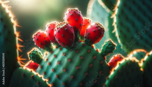 Close-up of a prickly pear cactus with red fruit, focusing on the detailed textures of its pads.