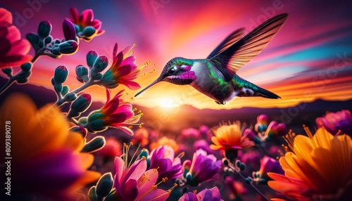 Close-up of a hummingbird hovering near vibrant desert blooms with a sunset backdrop.