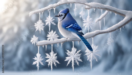 A brilliant blue jay perched on a snowy branch in a wintry setting, with ice crystals delicately hanging below the branch.