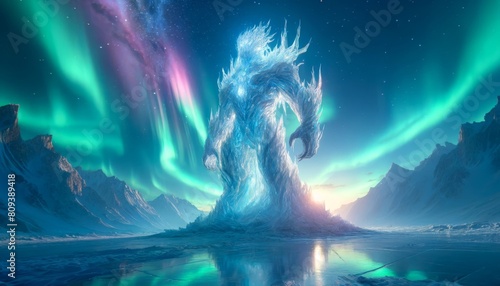 A towering ice elemental in a frozen wasteland under an aurora sky.
