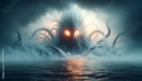 A massive sea creature with glowing eyes emerging from a foggy ocean at dusk.