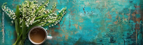 Good Morning Delight: Coffee Mug, Lily of the Valley Bouquet, and Vintage Card on Turquoise Rustic Table - Top View Flat Lay