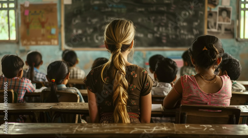 uma garota com rabo de cavalo sentada em frente a um quadro-negro em uma sala de aula.