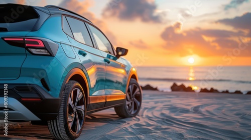 Sunset Hybrid SUV: Modern Design Parked by Sea - 49 characters