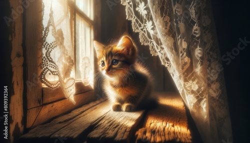 A kitten perched on a rustic windowsill, with light streaming through lace curtains.