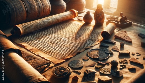 A detailed close-up of an ancient scroll unrolled next to historical artifacts, illuminated by the gentle light of the setting or rising sun.