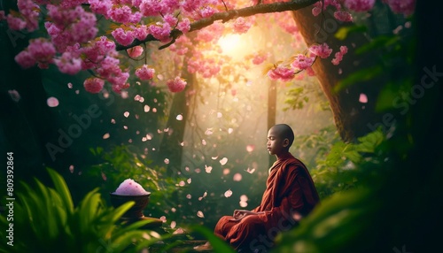 A young Buddhist monk meditating under a blooming cherry blossom tree, petals gently falling around in a tranquil garden setting.
