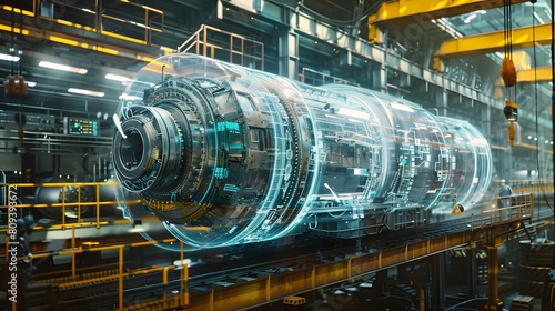 A digital rendering of an industrial train engine in the process of being made, with transparent holographic projections displaying its intricate mechanical components and networked wires.
