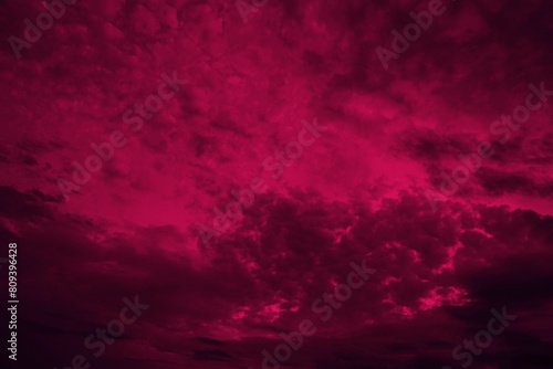 Black dark red burgundy maroon magenta crimson sky end clouds. Dramatic cloudy storm sky background. Night evening sunset. Fantasy mystic. Or horror war fire creepy ominous. Design.
