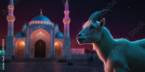 A goat stands in front of a mosque, creating a serene and peaceful scene. Discover the essence celebration of Eid ul Adha in this peaceful scene. Eid al Adha background