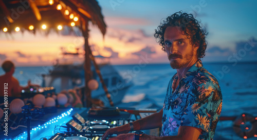 beautiful man with wavy hair and goatee wearing blue Hawaiian shirt DJing at an open air nightclub on the beach in spain