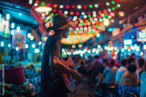 Young Asian man with a straw hat playing guitar at a bustling night market, illuminated by vibrant, colorful lights
