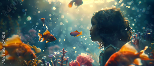 there is a little girl looking at a fish in a tank