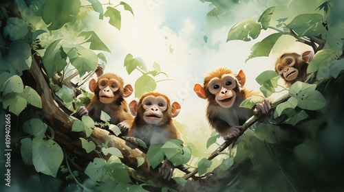 Digital illustration of four baby monkeys with expressive faces, playfully perched on a tree branch in the dense, green jungle canopy.