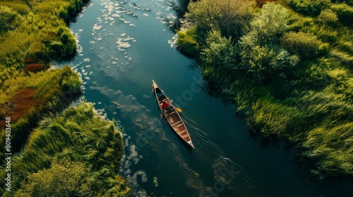 Graceful Canoe Journey: Aerial Photography of Serene River Exploration