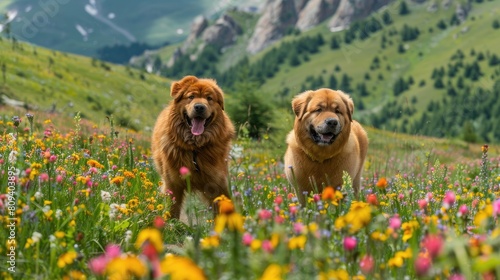a pair of Tibetan Mastiffs playfully romping through a field of wildflowers in a highland valley 