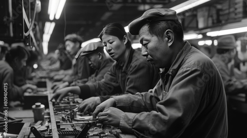 Amidst the monotony of the assembly line, workers in the factory find camaraderie and friendship, sharing jokes and stories to pass the time as they work side by side.