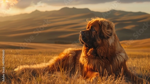 a Tibetan Mastiff basking in the golden light of sunrise 