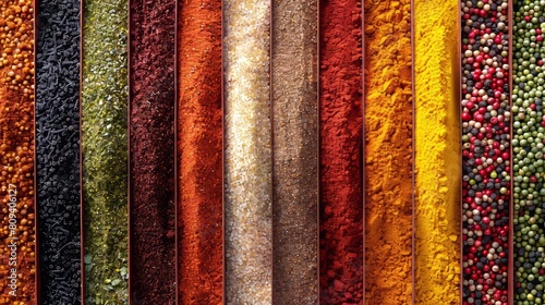 Artistic top view of various spices, vibrant colors and textures in a curated display, isolated with bright studio lighting