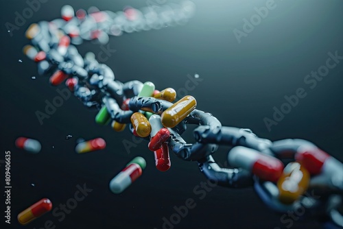 Drug addiction concept. Capsules Linked by Chains on a Dark Surface