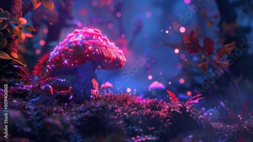 Fantasy-like mystical mushroom with neon glow, surrounded by vibrant, glowing plants, illuminating an enchanted forest