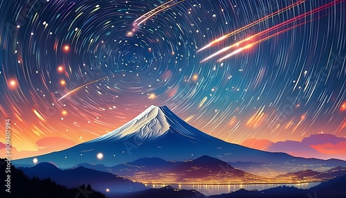 夜の星空と富士山