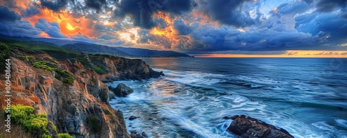 A beautiful sunset over the ocean. The waves are crashing against the rocks, and the sky is ablaze with color.
