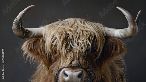 Majestic Highland Cow with Shaggy Fur and Large Horns in Atmospheric Editorial Portrait