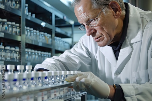 In the pursuit of pharmaceutical excellence, a scientist scrutinizes medical vials with precision, 