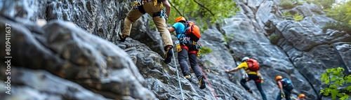 A group of friends rock climbing on a rugged cliff face, with safety ropes and harnesses