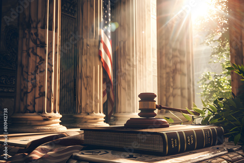 Symbolic Representation of US Laws: The Supreme Court, Law Book, Gavel, and American Flag