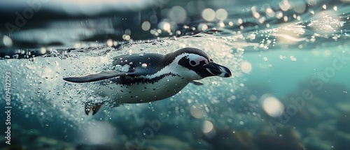 A close shot of a penguin swimming underwater with a clean backdrop and space for text or product advertisement, Generative AI.
