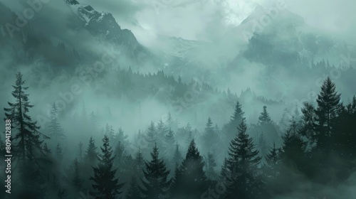 Misty forest ambiance enveloped in the woods Hazy mountain scene featuring a fir forest