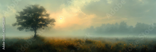 tree in the field surrounded by morning fog