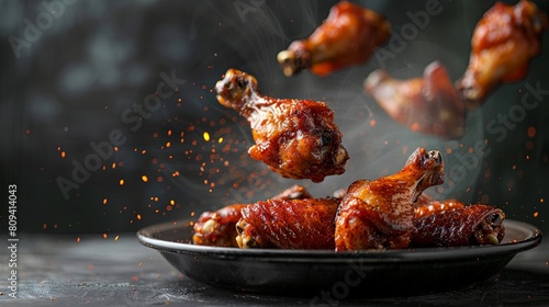 Floating Chicken Wings: Showcase succulent and tender chicken wings hovering above a plate, ready to tantalize taste buds.