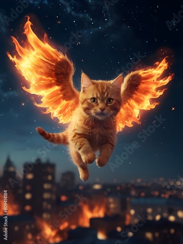 밤하늘 불타는 두 날개를 가진 날으는 줄무늬 고양이 야경 도시 flying cat 천진난만 귀여운 묘한 냥냥이 