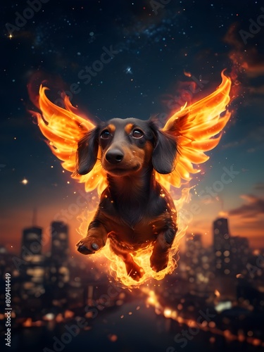 불타는 두 날개를 가진 날으는 블랙탄 단모 닥스훈트 밤하늘 꼬리콥터 댕댕이 야경 반려견 도시 강아지 flying dog 천진난만 dachshund 귀여운 묘한 petdog 