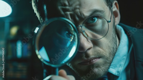 Thoughtful investigator wearing glasses holding a magnifying glass and gazing elsewhere in the workplace