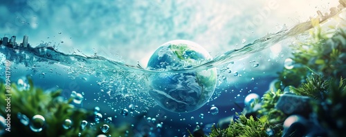 Blue Planet, Green Future Composite images blending photographs of Earth with elements of sustainability and conservation, such as renewable energy sources and green infrastructure This concept emphas