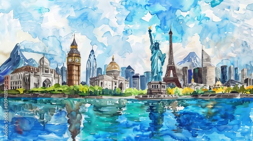 Watercolor World A series of watercolor paintings depicting iconic landmarks from around the world, each infused with the theme of water conservation and sustainability These illustrations can be used