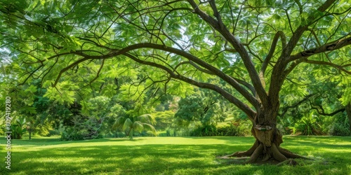 A wide view of a locust tree providing expansive shade, its branches heavy with lush, green leaves creating a cool retreat on a hot summer