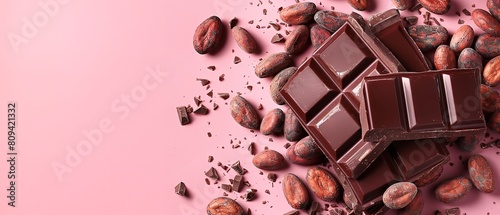 Over a pale pink backdrop, natural organic cocoa beans and shards of dark chocolate bar denote Chocolate Day chocolate lover and space, Generative AI.