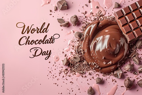 Fragments of chocolate bars with melted chocolate strewn over a vivid pink setting a notion for a World Chocolate Day signage text and space, Generative AI.