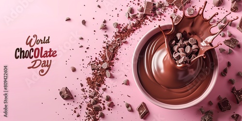 Fragments of chocolate bars with melted chocolate strewn over a vivid pink setting a notion for a World Chocolate Day signage text and space, Generative AI.