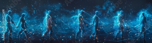 3D chain of human figures holding hands, surrounded by a network of glowing lines, symbolizing unity and connection