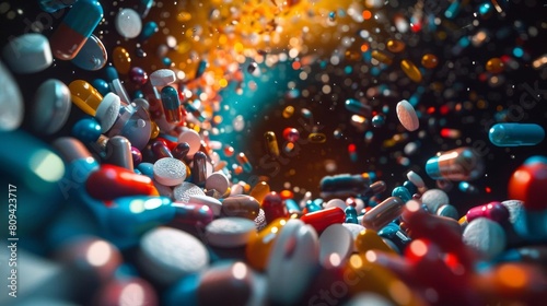 A swirl of assorted pills on a dark backdrop, depicting the complexity and variety in medication therapies
